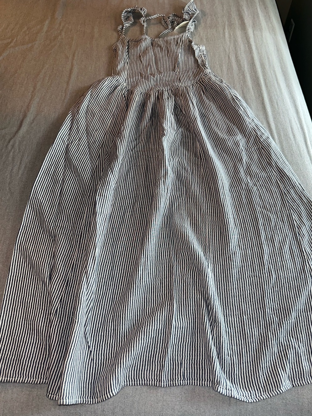 Aerie Blue and White Pinstripe Midi Dress with Ruffle Straps - Picture 3 of 6